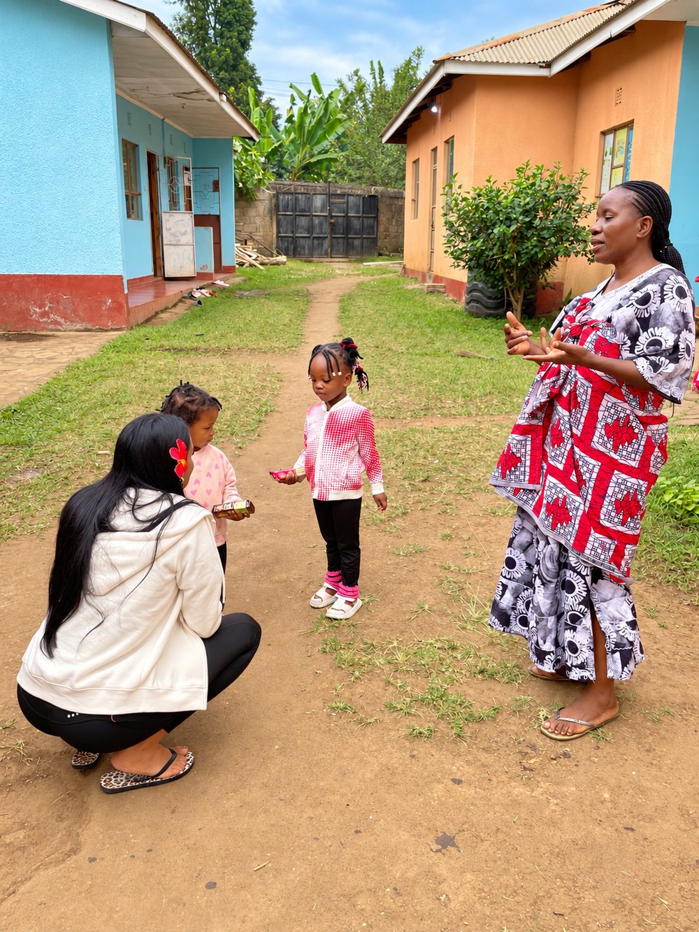A volunteer talking with young children in the courtyard of a children's home